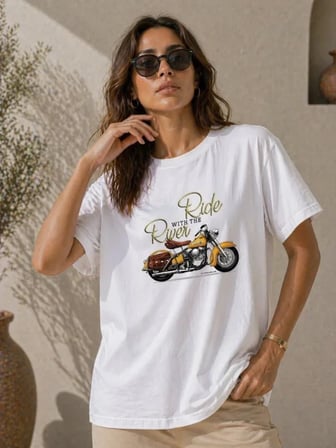 EQURİ Motosiklet Baskılı Tişört Bisiklet Yaka Kısa Kol Yazlık T-Shirt - Beyaz