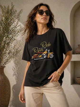 EQURİ Motosiklet Baskılı Tişört Bisiklet Yaka Kısa Kol Yazlık T-Shirt - Siyah