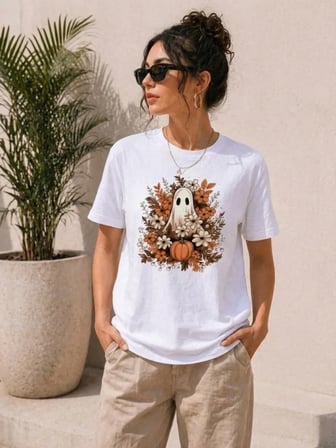 EQURİ Balkabağı Hayalet Baskılı Tişört Kısa Kol Yazlık T-Shirt - Beyaz