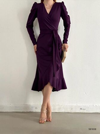 Krep Kumaş Midi Boy Kuşaklı Uzunkol Elbise