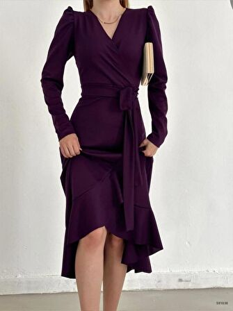 Krep Kumaş Midi Boy Kuşaklı Uzunkol Elbise