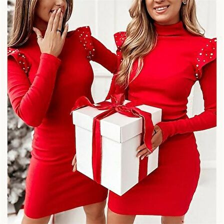 Kadın Uzun Kollu Balıkçı Yaka Omuzlarda Pile Inci Detay Kaşkorse Elbise