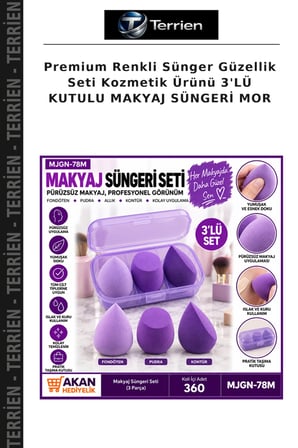 Premium Renkli Sünger Güzellik Seti Kozmetik Ürünü 3'LÜ KUTULU MAKYAJ SÜNGERİ MOR