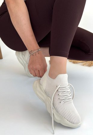 Kadın Bej Triko Bağcıklı Spor Ayakkabı - Henta 