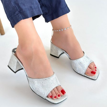 Kadın Gümüş Simli Kalın Topuklu Terlik - Luart 
