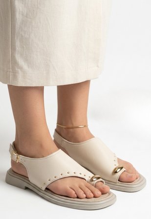 Kadın Bej Parmak Arası Bilekten Kemerli Sandalet - Genta 