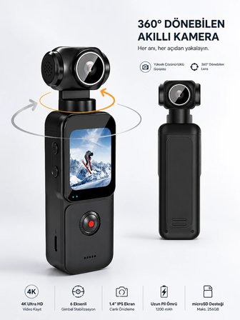 4K Akıllı Gimbal Kamera | Dokunmatik Ekranlı 3 Eksen Sabitleyici Vlog & Video Kamerası