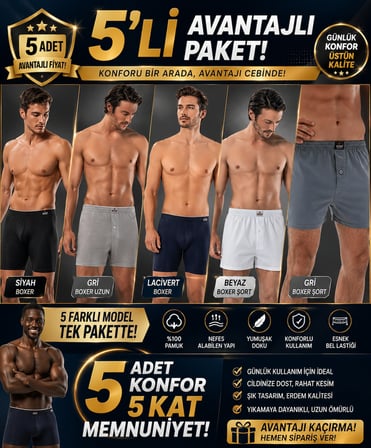Erdem Erkek Karışık 5 Adet Penye Boxer- 1400