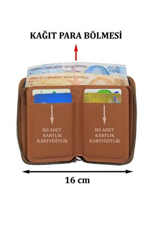 Hakiki Deri Fermuarlı Kartlık Cüzdan Case Club Taba Unisex
