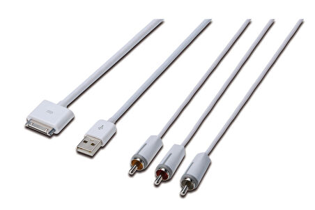 Digitus Apple Audio/Video bağlantı kablosu, Apple 30pin Erkek &lt;-&gt;- 3 x RCA Erkek + USB A Erkek, 1.5 metre, Komposit Audio/Video, USB 2.0 uyumlu, UL, beyaz renk