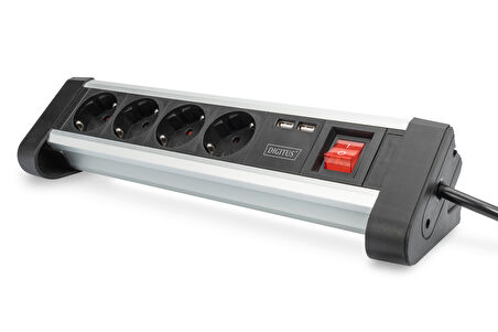 Digitus Ofis Tipi 4 lü Grup Priz, 2 x USB port (5V/2.4A, mobil cihazları şarj etmek için), açma/kapama düğmeli, alüminyum, siyah/gümüş renk