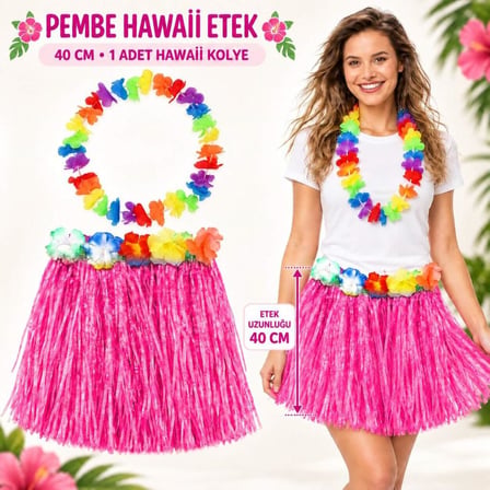 Erdo Ticaret Hawaii Luau Aloha Pembe Püsküllü 40 cm Etek ve Hawaii Kolye Seti ERDOTICA