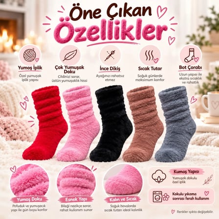 Erdo Ticaret Kadın Peluş Ev Çorabı 10'lu Set | Yumuşacık Tüylü Büzgülü Kışlık Çorap Kırmızı Pembe Siyah Kahve Gri · RENK: Çok Renkli · BEDEN: 36-40 · ADET: 10 ERDOTICA