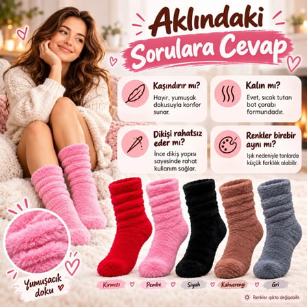 Erdo Ticaret Kadın Peluş Ev Çorabı 10'lu Set | Yumuşacık Tüylü Büzgülü Kışlık Çorap Kırmızı Pembe Siyah Kahve Gri · RENK: Çok Renkli · BEDEN: 36-40 · ADET: 10 ERDOTICA