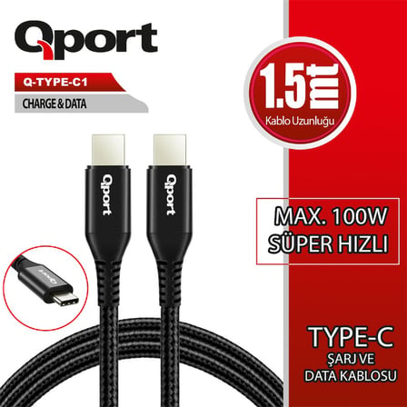 QPORT Q-TYPE-C1 1.5 METRE TYPE-C 100W PD ŞARJ VE DATA KABLOSU ERDOTICA