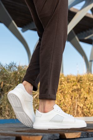 Erkek Kalın Beyaz Tabanlı Hakiki Deri Sneaker
