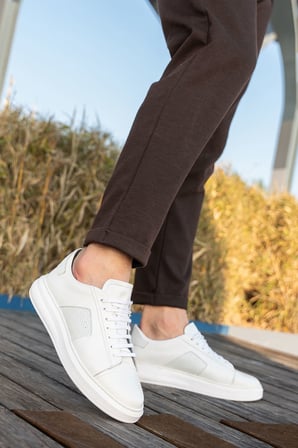 Erkek Kalın Beyaz Tabanlı Hakiki Deri Sneaker
