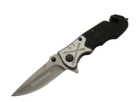 Browning 8-10 Siyah Kurtarma / Kamp Çakı 16,5cm - Yarı Otomatik, Cam Kırma ve İp Kesme Aparatlı, Ok Figürlü Sap