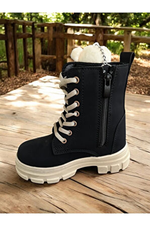 Ayıcıklı Soğuk Geçirmez Kaymaz Taban Kız Çocuk Bot, Fermuarlı Kız Çocuk Krem Bot, Bej Çocuk Bot SİYAH / 35