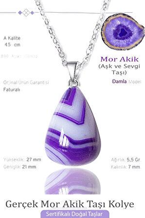Sertifikalı Damla Model Gerçek Mor Akik Taşı Kolye