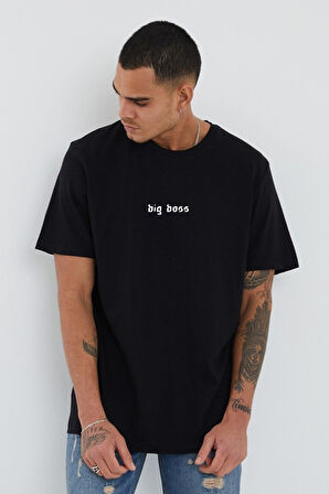 Erkek Big Boss Baskılı Siyah Oversize T-shirt