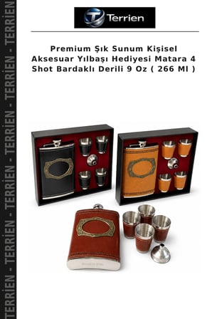 Premium Şık Sunum Kişisel Aksesuar Yılbaşı Hediyesi Matara 4 Shot Bardaklı Derili 9 Oz ( 266 Ml )