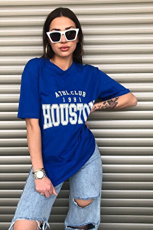 Siyah Houston Baskılı Oversize Kadın T-shirt