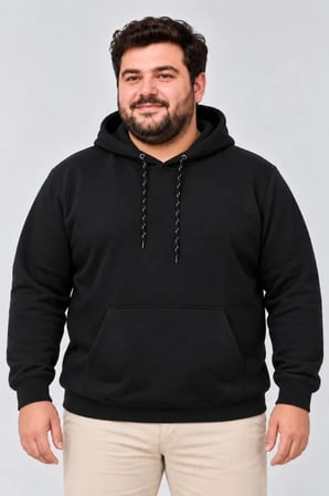 Erkek Battal Büyük Beden Üç İplik İçi Şardonlu Kapüşonlu Kanguru Cepli Kışlık Sweatshirt - Siyah