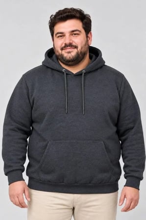 Erkek Battal Büyük Beden Üç İplik İçi Şardonlu Kapüşonlu Kanguru Cepli Kışlık Sweatshirt - Füme
