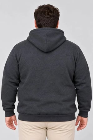 Erkek Battal Büyük Beden Üç İplik İçi Şardonlu Kapüşonlu Kanguru Cepli Kışlık Sweatshirt - Füme