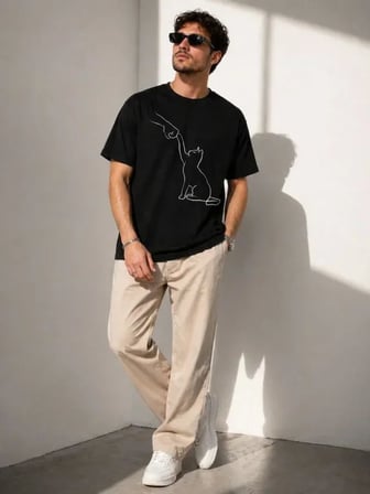 Erkek Minimal Kedi Çizim Baskılı Tişört Kısa Kol Yazlık T-Shirt - Siyah