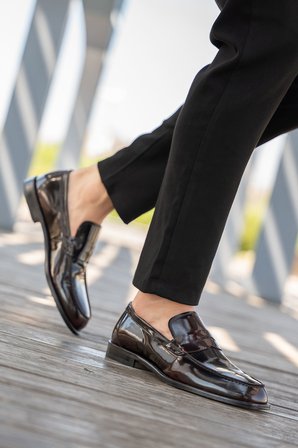Erkek Parlak Hakiki Deri Klasik Loafer Ayakkabı