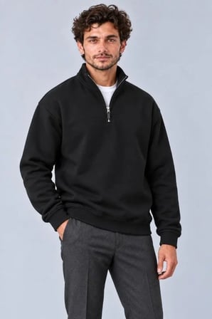 Erkek Üç İplik İçi Şardonlu Dik Yaka Yarım Fermuarlı Kışlık Sweatshirt - Siyah