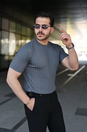 Erkek Fitilli Bisiklet Yaka Kısa Kollu Tişört