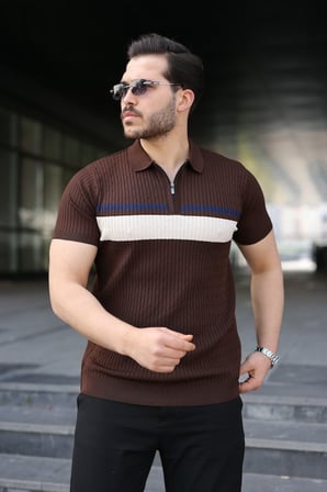 Erkek Örgü Desenli Renkli Kısa Kollu Triko Tişört