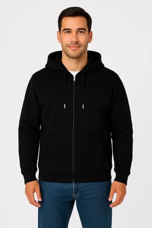 Erkek Üç İplik Kapüşonlu Tam Fermuarlı Kanguru Çepli SweatShirt Hoodie - Siyah