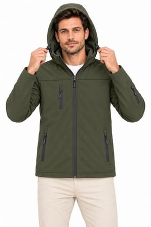 Erkek Su Geçirmez Softshell İçi Polar Astarlı Çıkarılabilir Kapüşonlu 4 Cepli Mont Ceket - Haki