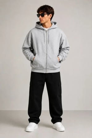 Erkek 3 İplik Şardonlu Tam Fermuarlı Kapüşonlu Arka Çanta Detaylı Sweatshirt - Gri