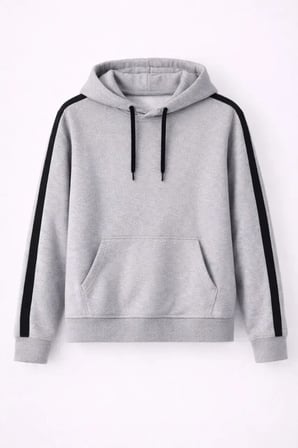 Erkek Şeritli Kapüşonlu Sweatshirt Oversize 3 Iplik Pamuklu - Gri