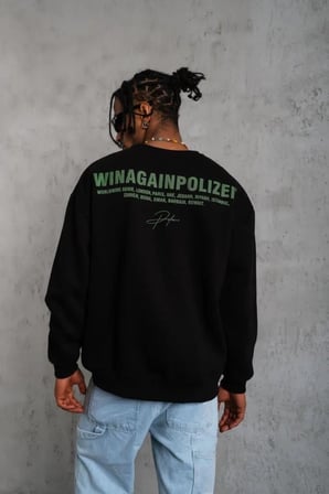 Erkek Oversize Sweatshirt – Siyah Renk Ön Ve Sırt Baskılı, Üç İplik İçi Pamuklu Kumaş, Rahat Kalıp, Ribanalı Kışlık Sweat Winagain Polizei Serisi - Siyah