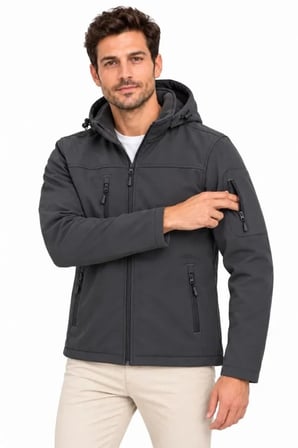 Erkek Su Geçirmez Softshell İçi Polar Astarlı Çıkarılabilir Kapüşonlu 4 Cepli Mont Ceket - Füme