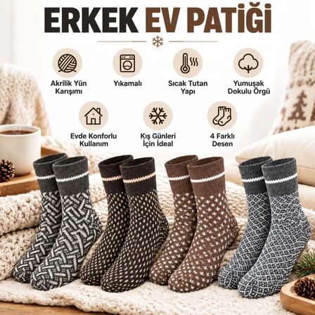 Erkek Kışlık Desenli Çorap 4`lü Seti Sıcak Tutan Yumuşak Rahat Günlük Renkli Uzun Soket Çorap Paketi