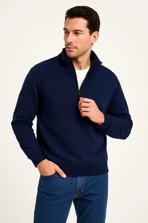 Erkek Dik Yaka Sweatshirt Dik Yaka Yarım Fermuarlı 3 İplik Şardonlu Pamuk Kumaş - Lacivert
