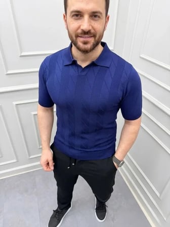 Erkek Yazlık Triko Dokuma Tişört Kısa Kol Polo Yaka T-Shirt - Lacivert