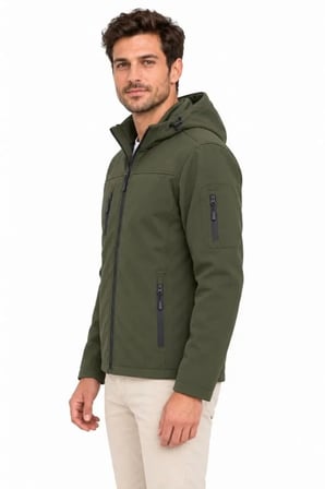 Erkek Su Geçirmez Softshell İçi Polar Astarlı Çıkarılabilir Kapüşonlu 4 Cepli Mont Ceket - Haki
