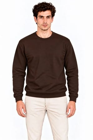 Erkek Bisiklet Yaka İçi Şardonlu 2 İplik Düz Uzun Kollu Regular Fit Sweatshirt - Kahverengi