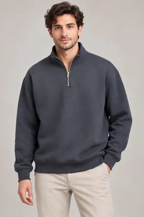 Erkek Üç İplik İçi Şardonlu Dik Yaka Yarım Fermuarlı Kışlık Sweatshirt - Füme