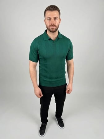 Erkek Yazlık Triko Dokuma Tişört Kısa Kol Polo Yaka T-Shirt - Koyu Yeşil
