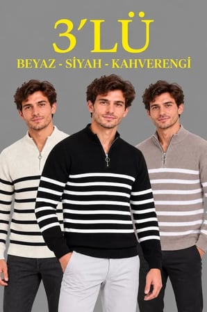 Erkek 3Lü Dik Yaka Yarım Fermuarlı Çizgili Selanik Örgü Triko Kazak - Beyaz - Siyah - Kahverengi