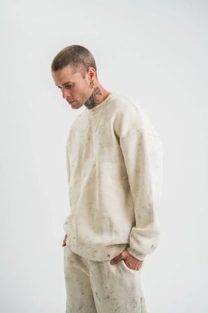 Erkek 3 İplik Pamuklu Yağ Yıkamalı Sweatshirt Double Oversize Bisiklet Yaka Uzun Kol - Krem
